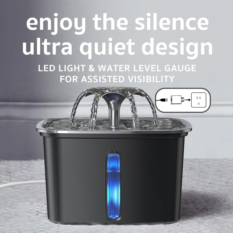 Veken Space Black Stainless Steel Pet Fountain 2.8L