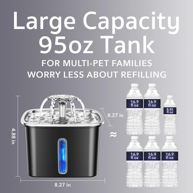 Veken Space Black Stainless Steel Pet Fountain 2.8L